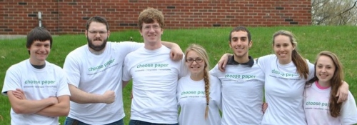 Students at SUNY-ESF proudly wearing their new "choose paper" T-shirts